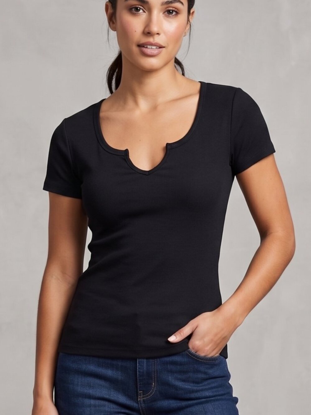 NWT Buauty Black Ribbed Short Sleeve Notch Neck Tee Top XL